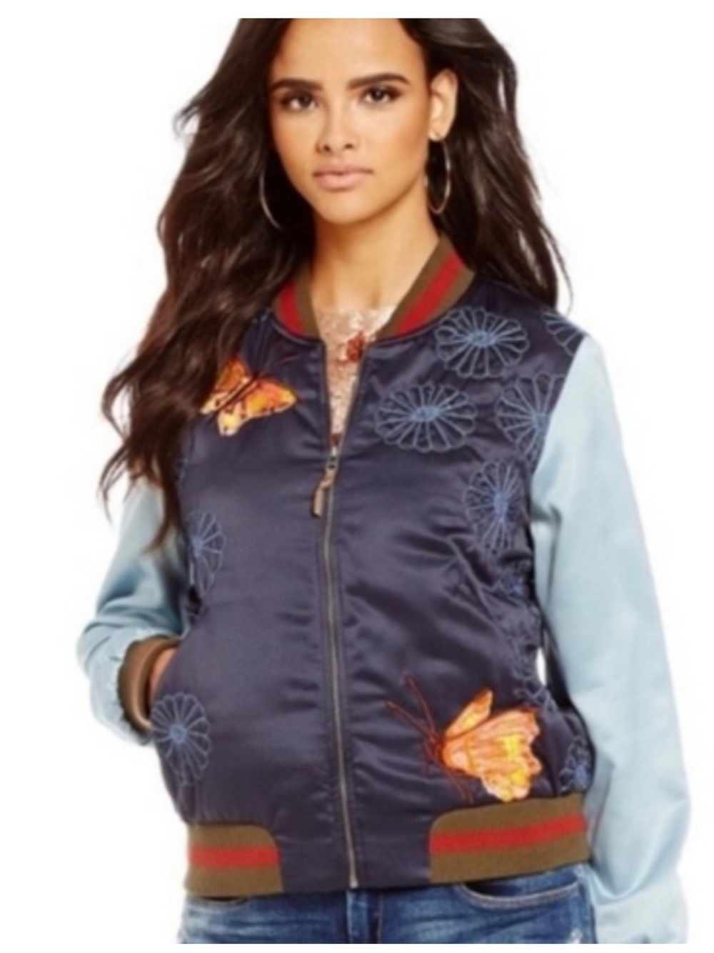 Chelsea & Violet Navy and Light Blue Embroidered Bomber Jacket
